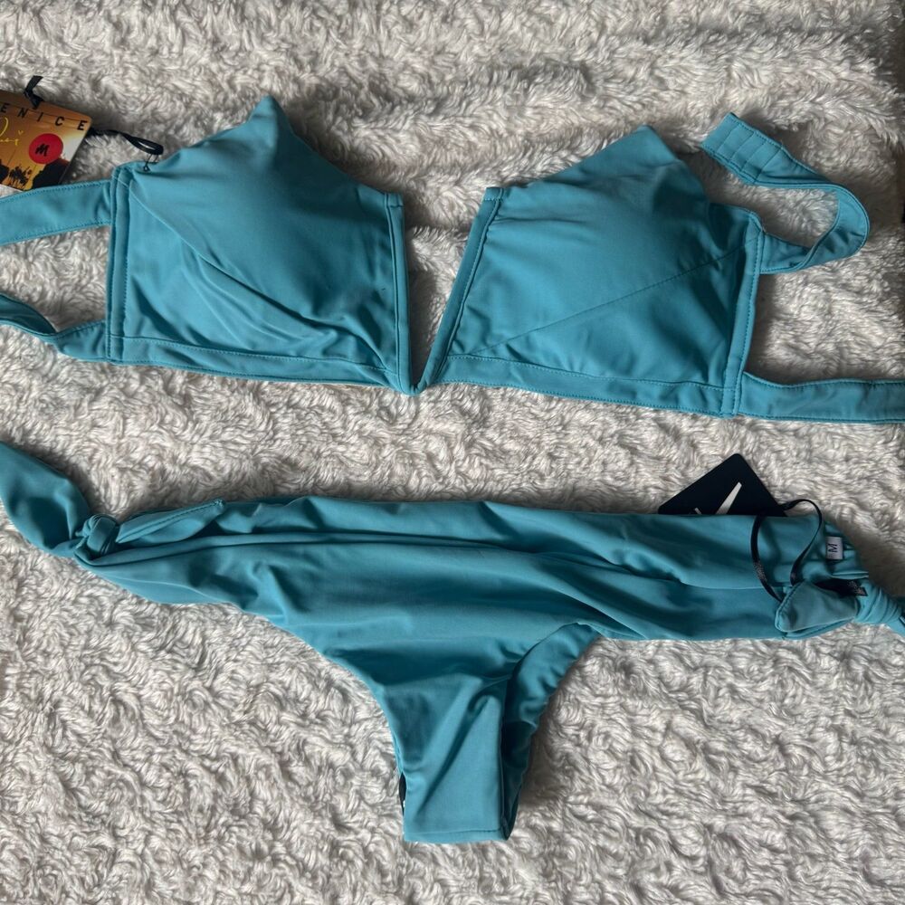 Venice Rani Swimwear Blue Removable Straps & Tie Bottom Two Piece Bikini Med NWT